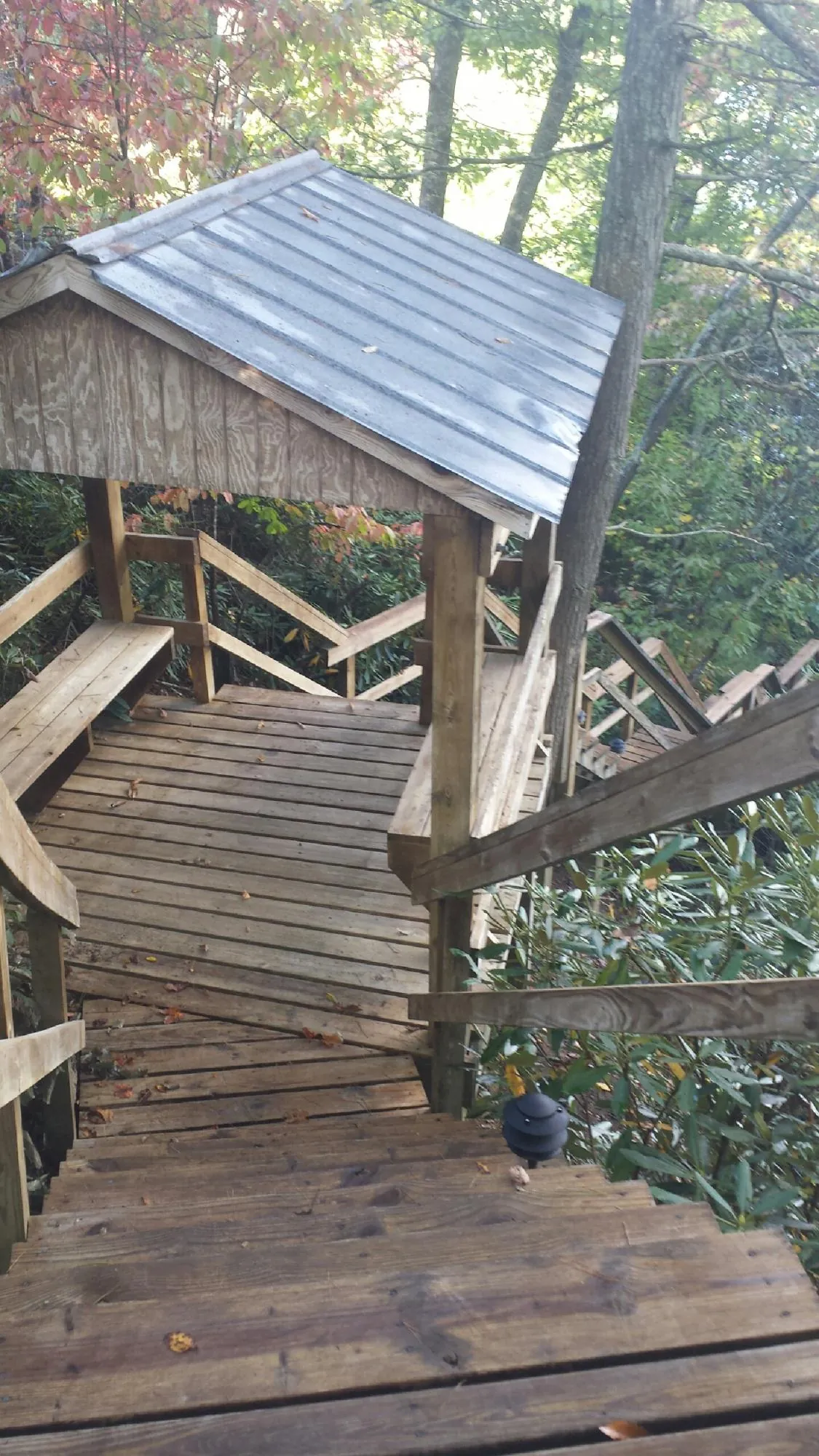 Metal roofed shelter over wooden steps on a wooded walkway — Skylight Repair & Installation work by our crew in Wallisville